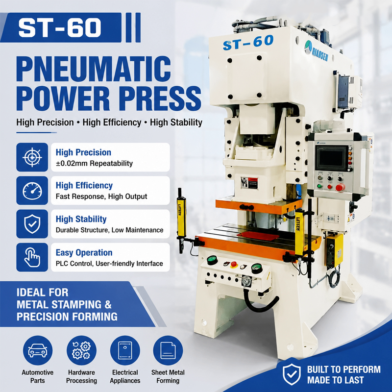 ST-60 60Ton C Frame Pneumatic Punch Press PLC Touch Screen Controlled Metal Stamping Machine For Hardware Auto Parts Hole Punching Forming With CE Certification & Custom Throat Depth Option
